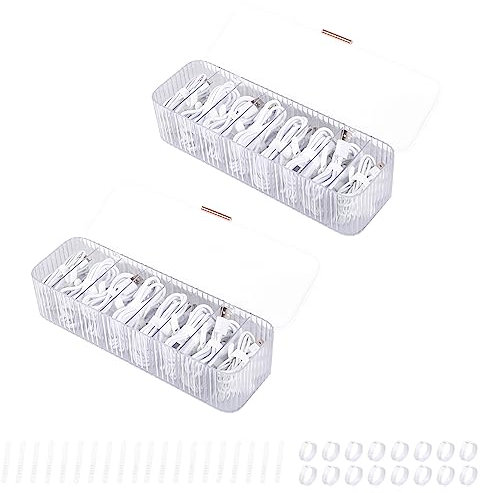 Yesesion 2 Pack Plastic Cable Management Box with Lid and 20 Wire Ties, Clear Cell Phone Cord Storage Organizer with 8 Compartments, Electronics Accessories Case for Home Office, Desk Drawer (White)