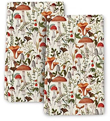 Cukemip Boho Pilz-Dekor Botanische Pflanze Beige Küche Geschirrtuch Set von 2 Baumwolle weich saugfähig dekorative Handtücher Bauernhaus Geschirrtücher Badezimmer Heimdekoration 40,6 x 61 cm