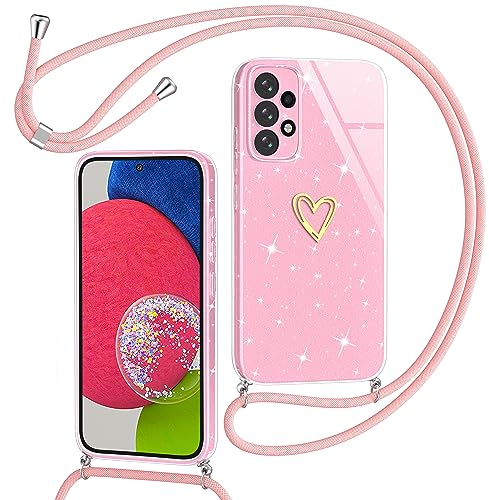Yichxu Handykette für Samsung Galaxy A52S 5G Hülle mit Band, Glitzer Herz Silikon Handyhülle Kordel zum Umhängen, Schutzhülle mit Kette TPU Stoßfest Handy Necklace Hülle für Samsung A52 4G/5G, Rosa
