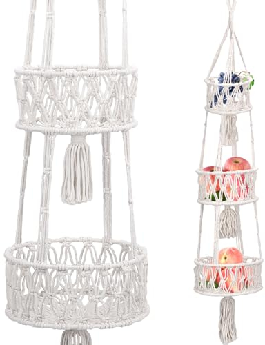 GiReich Panier de Fruits Suspendu, 3 Niveaux Tissés à Main à la Main Hamac aux Fruits, Panier de Rangement de Cuisine Bohème, Panier Suspendu pour le Rangement des Fruits et Légumes