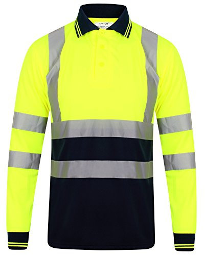 HuntaDeal Hi Viz VIS High Visibility Long Sleeve Polo Shirt - Breathable Lightweight Work T-Shirt with 2 Tone Reflective Tape | Double Tape Hi Vis Workwear for Men Yellow Navy