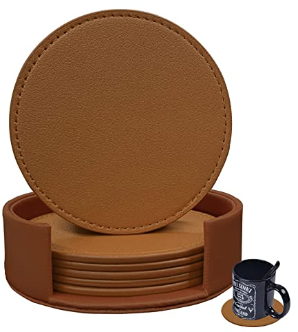 RICHSUM 6er Set Leder-Untersetzer mit Naht - Spritzschutz für Tisch und Schreibtisch - Strapazierfähig, rutschfest - Perfekt für Glas-Kaffeetassen & Becher - 10 cm (Braunes)