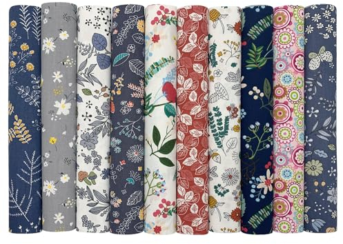 Jukway 10Pcs Cotton Fabric Squares Bundles 25 x 25 cm Floral Patterns Printed Fabric Patchwork Craft Cloths for Sewing Quilting DIY Needlework Decoration Scrapbooking Handwork (Grey)