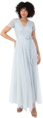 Maya Deluxe Maxi Dress for Women Ladies Braidesmaid V-Neck Ball Gown Short Sleeves Long Elegant Empire Waist with Belt Ice Blue Size 10