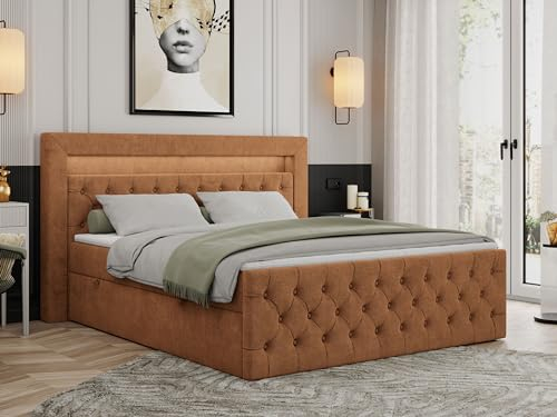 MKS MEBLE Boxspringbett 180x200 mit Led, Polsterbett 180x200 mit LED Kopfteil - Multipocket-Matratze H3 - Doppelbett mit Bettkasten Stauraumbett - Gold-9 - Orange Struktur