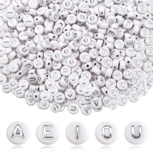 TOAOB 500 Stück 4x7mm Buchstabenperlen Vokale Silber Buchstabenperlen A E I O U Rund Acryl Spacer Perlen für Schmuckherstellung