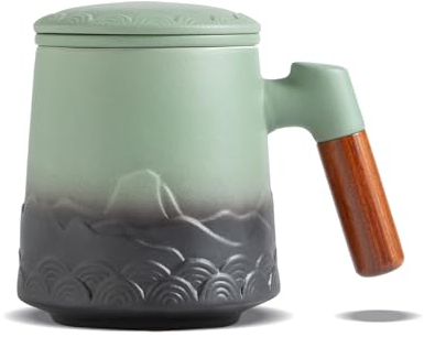 ZENS Tea Mug with Infuser and Lid for Loose Leaf Tea Steeper, 16.9 oz Embossed Ceramic Tea Cup with Fine Strainersand Wood Handle, Diffusers Accessories for Tea Lovers Gifts