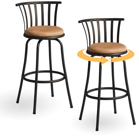 FurnitureR Juego de 2 taburetes de Bar, Muebles industriales Retro con Respaldo Regulable en Altura Giratorio, Piel, Taberna de Cocina, 24/29 Pulgadas, Asiento marrón Pata Negra