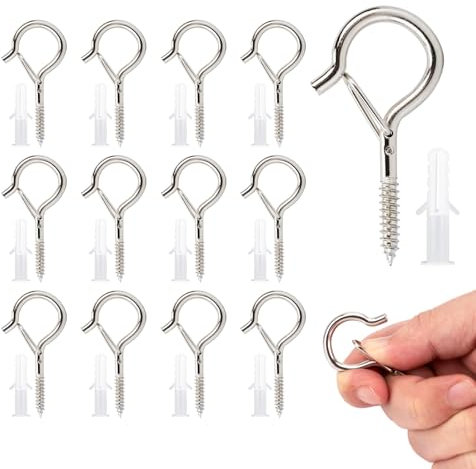 KINGLAKE Screw in Hooks, 12 Pcs Q Hanger Hooks for Outdoor Christmas String Light, Safety Buckle, Fence Celling Silver Screw Hook for Wood Wall Hanging Fairy Lights Plants Bird Feeders Cups