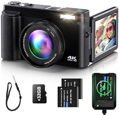 YIGLLO 4K Digital Camera for Photography & Vlogging, Auto-Focus, 3'' 180° Flip Screen, 16X Zoom, 2 Batteries & Charger, Black
