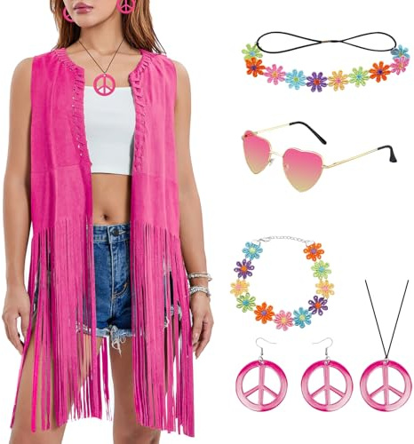 Costume hippie pour femme avec franges roses sans manches, gilet long, accessoires hippie, gilet à franges, lunettes de soleil, bandeau, costume de carnaval pour discothèque, Halloween (rose, taille