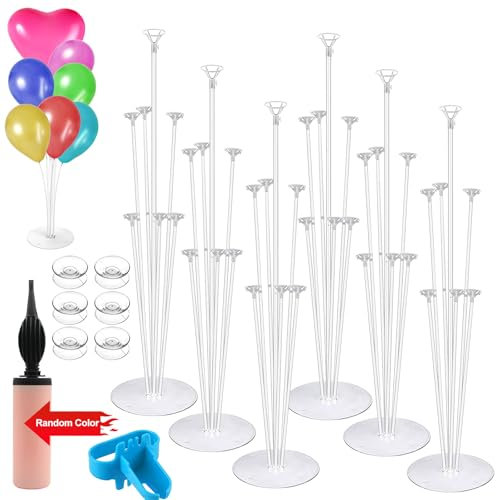 HOVIBU 6 Stück Luftballon Ständer, Ballonständer, Luftballon Halter Zubehör, Balloon Stand Kit, Ballon Stick Halter, mit Luftballonpumpe & Luftballonknoter & 18 x Saugnapf Zubehör, Wiederverwendbar