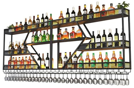Botellero Vino Pared Con Luces Vinoteca Mueble Bar Salon Garrafeira Mini Bar Wine Rack Mueble Comedor Estanteria Cocina Pared con Soporte Copas Colgante para Barra para Bar Cocina Despensa(Black-blue,