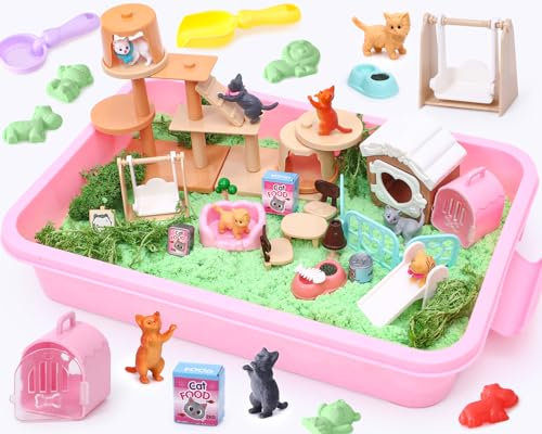 Magic Sand Geschenke Kinder 3-8 Jahre Sensorik Spielzeug , Tierpflege Zaubersand Koffer mit 1kg Knetsand, Katzefiguren Miniatur Hundehaus Möbel, 8 Sandform & 5 Sandwerkzeug, Spielsand Geschenk Kinder