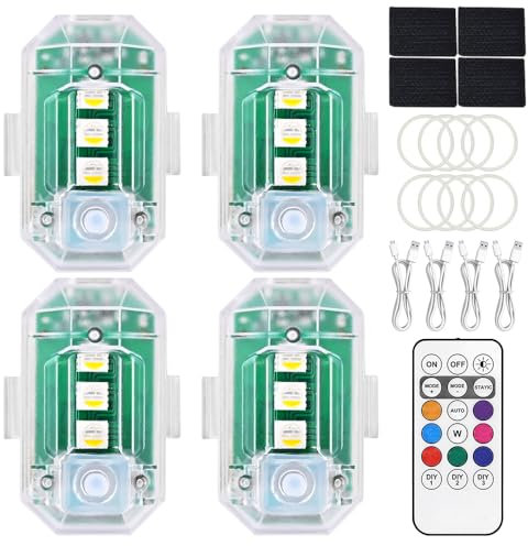 NAVESO 4 Stück Kabellose LED Lichter, Strobe Drone Light 8 Farben, LED Blitzlichter mit Fernbedienung, Wasserdicht Antikollisions LED Lights, Mit USB Aufladung Kabel für Drohne, LKW, Motorrad