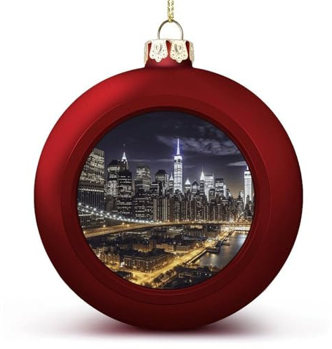 6 cm Weihnachtskugel-Ornamente, Motiv: New York Nacht, roter Kunststoff, bruchsichere Weihnachtskugeln, Dekoration, hängende Weihnachtskugeln für Weihnachtsbaumschmuck, mit Schnüren