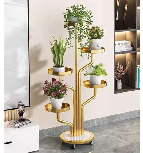 5 Tier Metal Plant Stand Rolling Plant Shelf With Wheels And Marble Base, Indoor Tall Plant Holders Steel Frame, Plant Stands Corner Plant Stand(Gold)