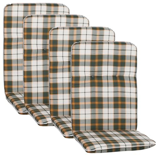 NYVI Hochlehner Auflagen Hawaii 4er Set - 114x47 cm Grün Orange Weiß Kariert - Gartenmöbel Auflage mit 5 cm Polster und Gummi-Halteband