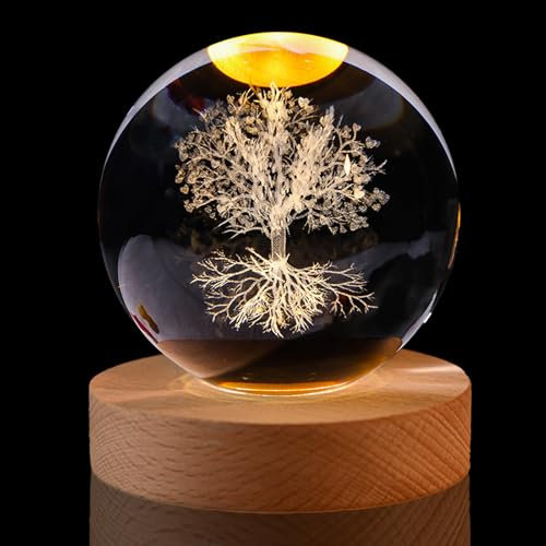 hurifeng Kristallkugel Nachtlicht 60mm - LED Glas Kugel mit Holzsockel, USB Deko Lampe, 3D Gravur Lebensbaum oder Glücksklee, für Wohnzimmer Schlafzimmer Büro Geschenkidee (Lebensbaum)