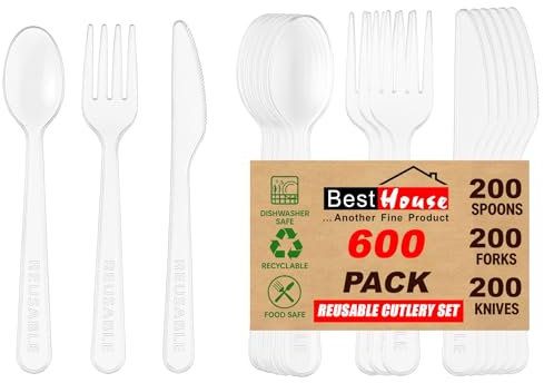 BH | Reusable Plastic Cutlery Set | 600 Pcs (200 Spoons, 200 Forks, 200 Knives) | Clear Mix Cutlery Set for Birthday, Parties, Picnics, BBQ's, Camping, and Everyday Use - by Best House