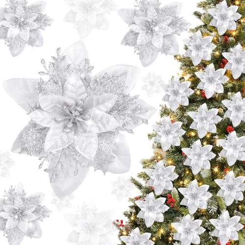 XIMISHOP 24 Pieces Glitter Christmas Poinsettia Flowers，Silver Artificial Poinsettia Christmas Flowers for Xmas Tree Wreath Decorations Wedding Party Decor