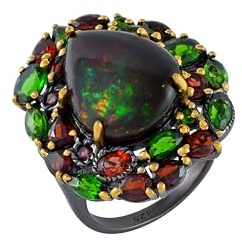 Ring aus 925er-Sterlingsilber, schwarzer Opal, Chromdiopsid, Granat, schwarz, rhodiniert, mehrfarbiger Cabochon, facettiert, Statement-Cocktailschmuck, 27 x 23 mm, 8,3 g, SZ 1/2, 54 (17,2)