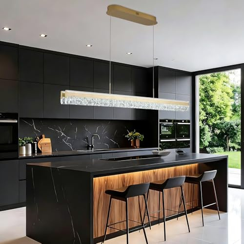 szcflaghip Goldene LED Pendelleuchte Moderner Kronleuchter Linear Kristall Esstischlampe Hängend Kücheninselbeleuchtung Minimalistische Dimmbare Deckenleuchte für Esszimmer mit Fernbedienung
