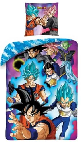 Dragon Ball Super, Bettwäsche für Kinder, Einzelbett, Bettbezug 140 x 200 cm und Kissenbezug 63 x 63 cm, wendbar, Kollektion Goku, Oeko Tex