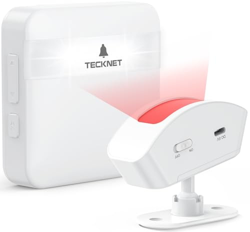 TECKNET Durchgangsmelder Funk Bewegungsmelder Alarm | 32 Melodien, 5-stufige Lautstärke, 0-110dB, Bewegungssensor Türklingel für Eingangsbereich, Terrasse, Garage