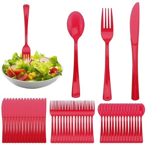 Erzekrim 90 Stück Wiederverwendbaren Besteck Set Party Besteck Set Mit Gabeln Messer Und Löffel Reusable Für Familienfeiern, Hochzeiten, Geburtstagsfeiern, Outdoor Dinne(durchscheinendes Rot)