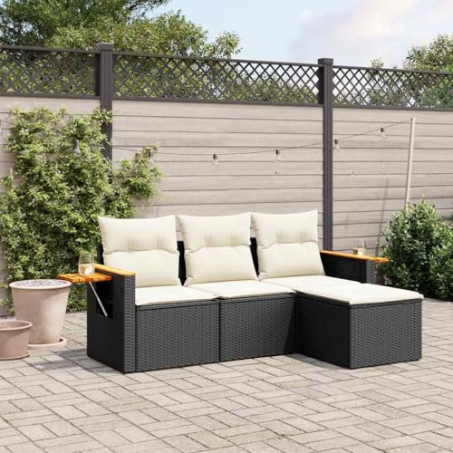 Tonture 4-TLG. Garten-Sofagarnitur mit Kissen Schwarz Poly Rattan, Modulares Outdoor Loungeset für Terrasse und Balkon, Witterungsbeständig