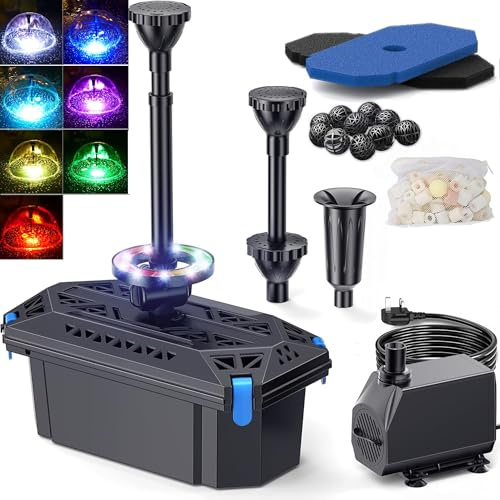 Biling Pond Filter and LED Lights, 2500 L/H Fountain Pump RGB Lights, 3 Nozzles Water Flow Valve, Pond Pump and Filter for 800-3600L Garden Water Feature Stream Waterfall Treatment, with UK Plug