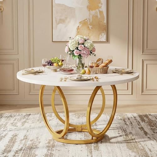 Lailang 120cm Table à Manger Ronde, Table de Cuisine 4 Personnes, Meuble Industriel, Table en Bois, Table Blanche, Table de Salle à Manger Ronde Pied Central, 120 x 120 x 75 cm, Blanc et Or