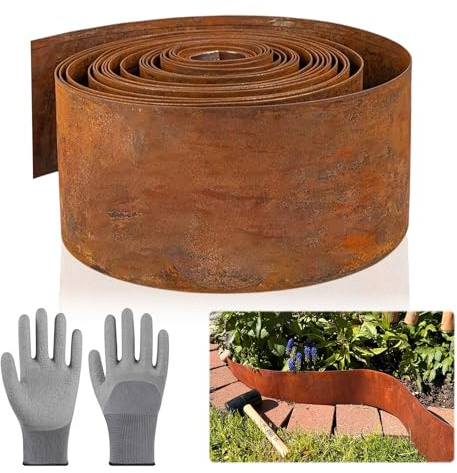 MOFXWHE Bordure de pelouse en métal de 5 m de long avec aspect rouille de 15 cm de haut, pour délimiter les parterres de fleurs, les allées de jardin, les arbres, les jardins de gravier, résistant aux
