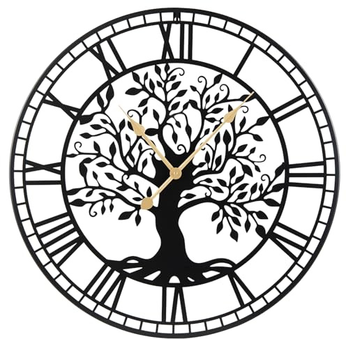 COSTWAY Grande Horloge Murale 68 cm, Pendule Chiffres Romains Décorative Silencieuse sans Tic Tac Motif Arbre de Vie en Métal, Décoration Murale à Pile pour Salon Chambre Bureau