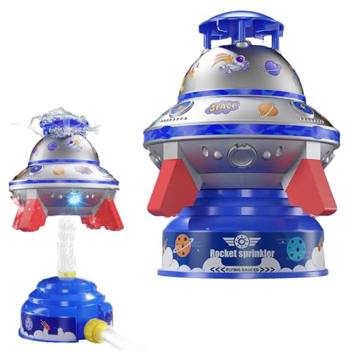 Water Sprinkler Toy for Kids, 360° Rotating UFO Design Outdoor Sprinkler with LED Lights, Garden Hose Attachment for Backyard Summer Play, Exciting Summer Birthday Gift for Boys Girls (Blue)