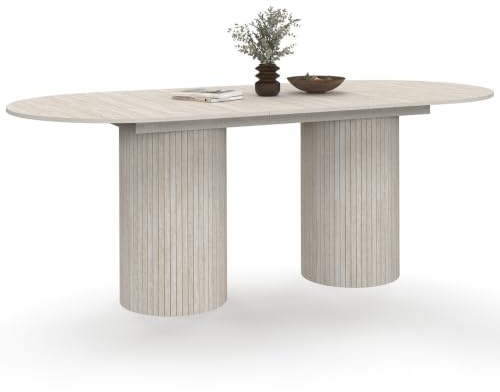 IDMarket - Esstisch, ausziehbar, oval, Juliette, 6-10 Personen, zylindrische Füße, Latten-Effekt und Platte Travertin-Effekt, 160 – 200 cm