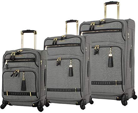 Steve Madden Designer-Gepäckkollektion – 3-teiliges Softside-Koffer-Set, erweiterbar, leicht, Reise-Set beinhaltet 50,8 cm Handgepäck, 61 cm und 71,1 cm karierte Koffer, Peek-a-boo Grau, 29.5 X 18.2 X