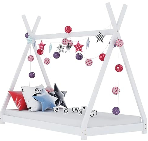 vidaXL Kiefernholz Massiv Kinderbett Hausbett Bettenhaus Spielbett Tipi Indianer Bett Kinderhaus Holzbett Bettgestell Lattenrost Weiß 80x160cm