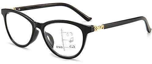 KOOSUFA Damen Gleitsichtbrille Progressive Multifokus Lesebrille Anti-Blaulicht Katzenauge Hornbrille Sehhilfe Lesehilfe Anti Müdigkeit Brille (1x Schwarz, 1.5)