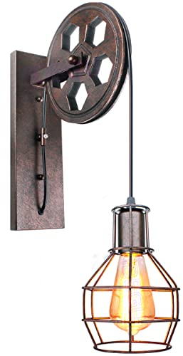iDEGU Vintage Wandlampe E27 Wandleuchten im Industrial Riemenscheibe Design Retro Lampe aus Metall und Holz Hängelampe Wandlampe für Bar Schlafzimmer Wohnzimmer Restaurant Café Flur - Schwarz Rost
