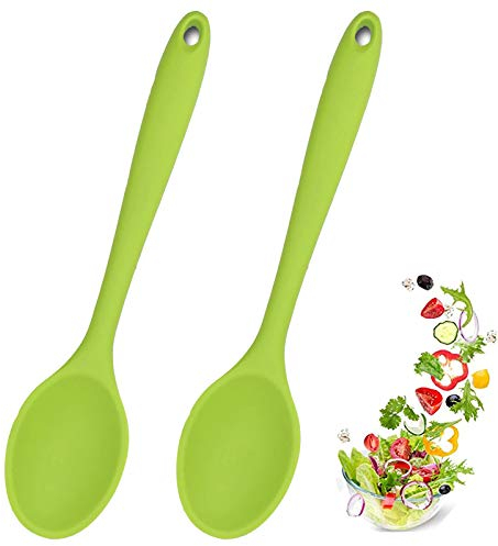 Meajore Kochlöffel Silikon,2 Stück Antihaft Kochlöffel,Servierlöffel Kunststoff, Hygienisches Design,Kochlöffel Kunststoff,Kochutensilien, RüHrlöFfel für KüChe, Kochen, Backen, RüHren (grün)