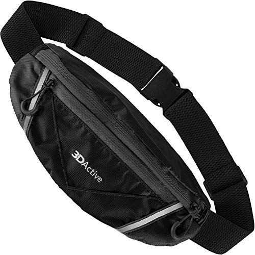 3DActive Running Belt Pro Hüfttasche, wasserabweisend, Laufgürtel, Workout-Bauchtasche, ultraleicht, verstellbar, reflektierende Lauftasche für Training, iPhone, Android und Zubehör, Schwarz ,