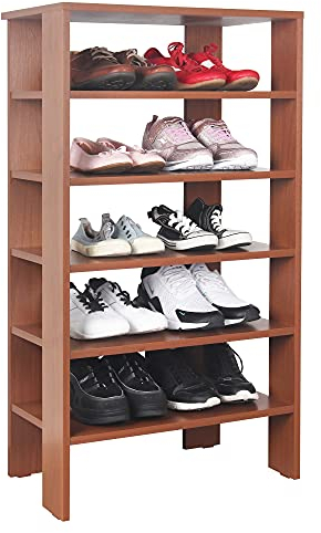 RICOO Schuhregal schmal und hoch 105x55x32cm Standregal Pressholz Eiche Dunkelbraun Rustikal WM041-ER, Schuhständer mit 6 Ebenen, Schuhschrank offen, Schuhablagen Flur Shoe Rack, Schuhablage klein