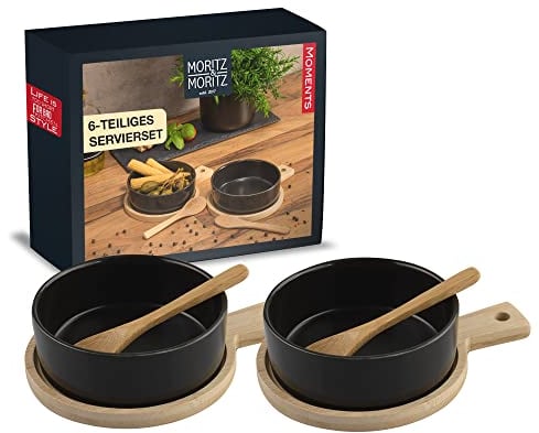 Moritz & Moritz 2x Schwarze Dipschalen Set mit Brett Holz - Dip Schälchen für Snacks - Snack Schalen Set Keramik - Dip Schalen Set - Kleine Schüsseln als Saucenschälchen, Snackschalen, Dessertschalen