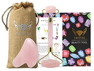 Crystali Gua Sha Set - Anti-Aging Gesichts-Massage Roller und Schaber - Gesunde, Schöne, Junge Haut - Rosenquarz aus Madagaskar