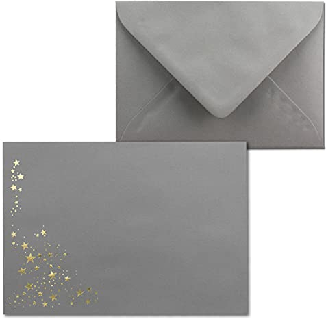 Briefumschläge DIN B6 - Grau - 150 Stück - mit geprägten Sternen in Gold-Metallic, Nassklebung mit spitzer Klappe - Ideal für Weihnachten, Einladungen, Grußkarten und Neujahr