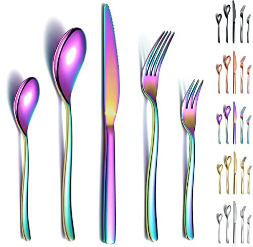 Berglander Rainbow Besteck Set 30 teilig, Stabiles Edelstahl Titan-Bunt-Besteck-Set Rostbeständig, Gabeln und Löffel Spülmaschinenfest