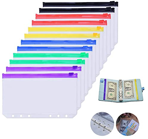 KAYSENSUK 12 Stück Farbe Taschen für Ordner, mobile Blätter, Format A5, Ordnerfächer, 6 Löcher Reißverschluss, aus Kunststoff, Notebooks Dateien, Dokumente, Karten