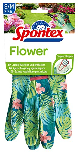 Spontex Flower Gartenhandschuhe mit Blumenmuster, ideal für leichte Gartenarbeit, mit Anti-Rutsch-Noppen, lockere Passform, Größe S/M (7-7,5), 1 Paar, mehrfarbig